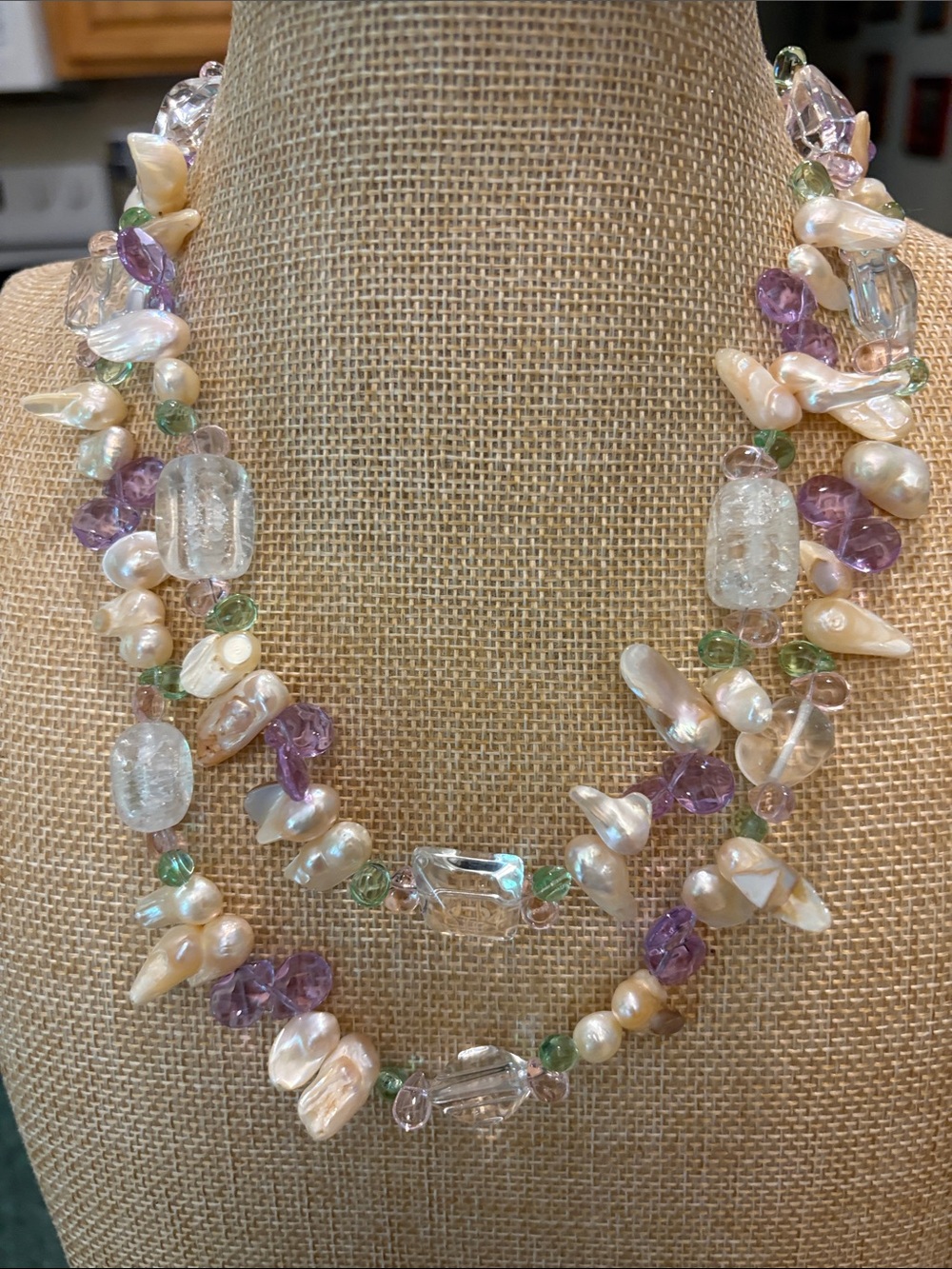 Artisan Baroque pearl, clear quartz & glass double strand necklace